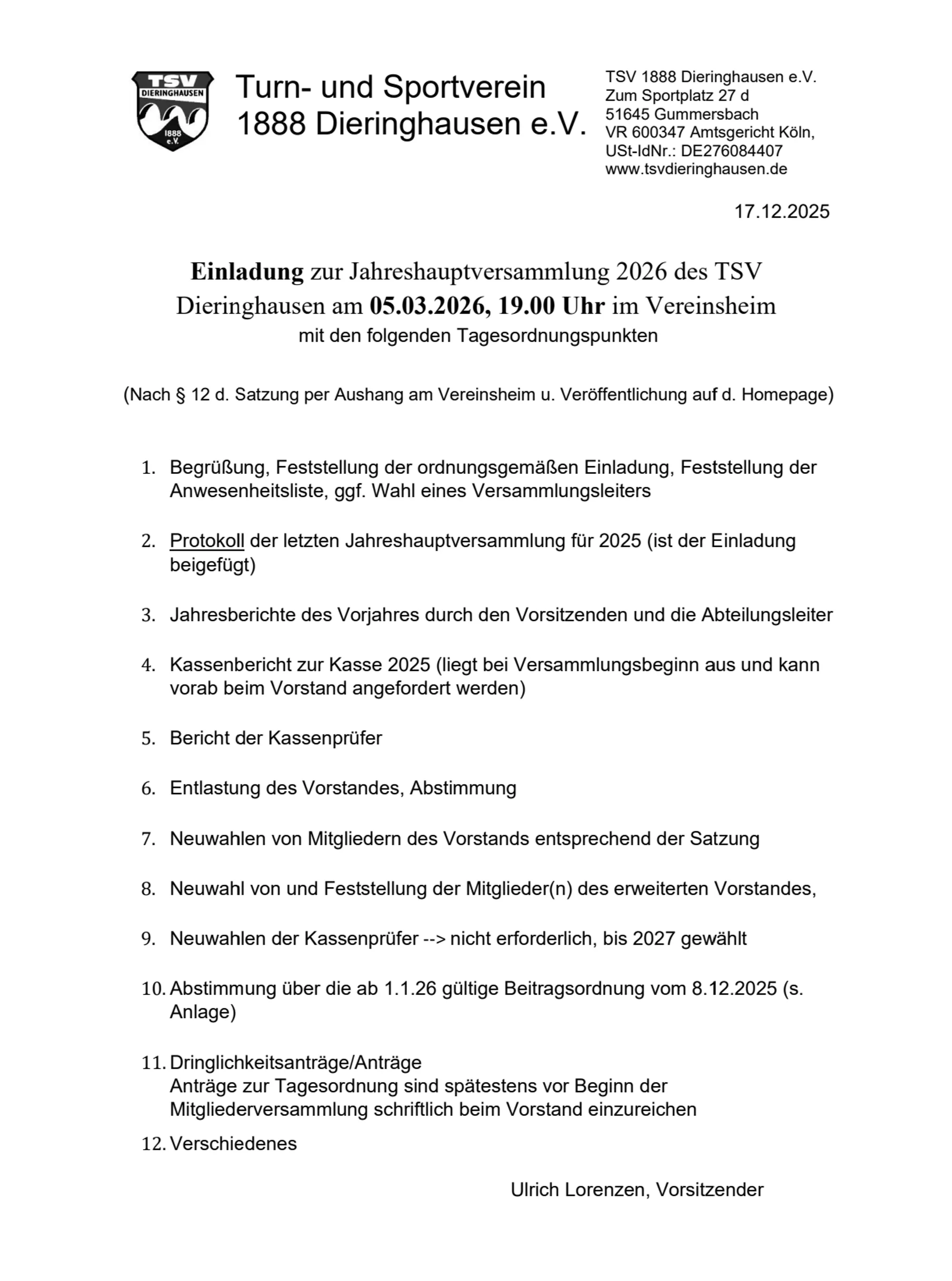 Jahreshauptversammlung 2026